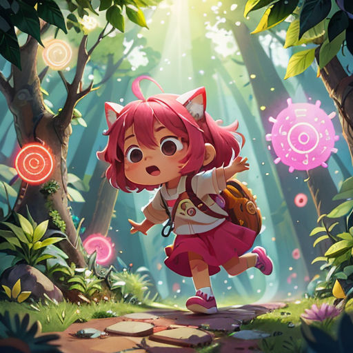 a girl in a forest with a cat on her back and a backpack on her shoulder, with a cat on her shoulder