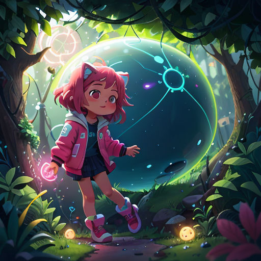 a girl in a pink jacket is walking through a forest with a glowing orb in the background and a forest floor