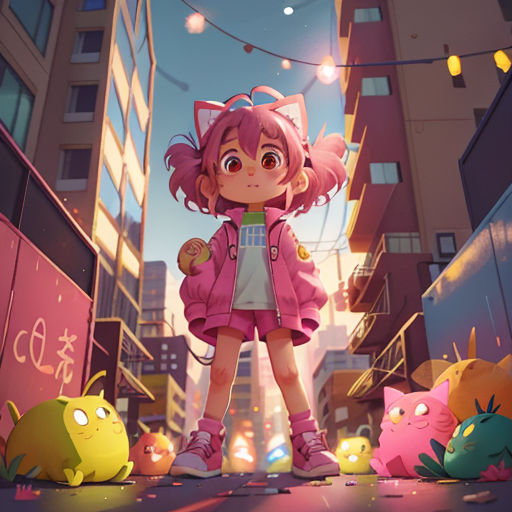 a girl standing in the middle of a city with many small monsters around her and a cat on her shoulder