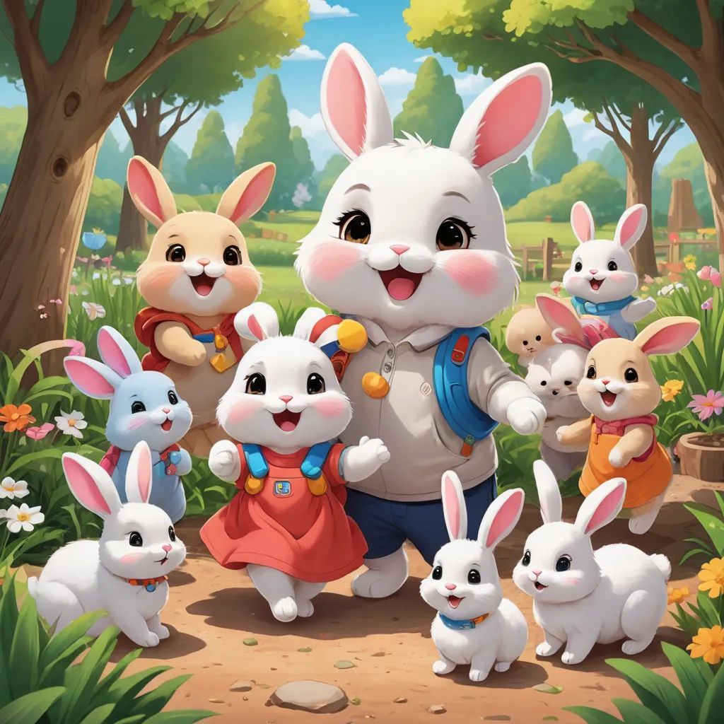 a group of rabbits standing in a forest with a man and woman in the background and a dog in the foreground, furry art, a storybook illustration, Chen Hong, official art