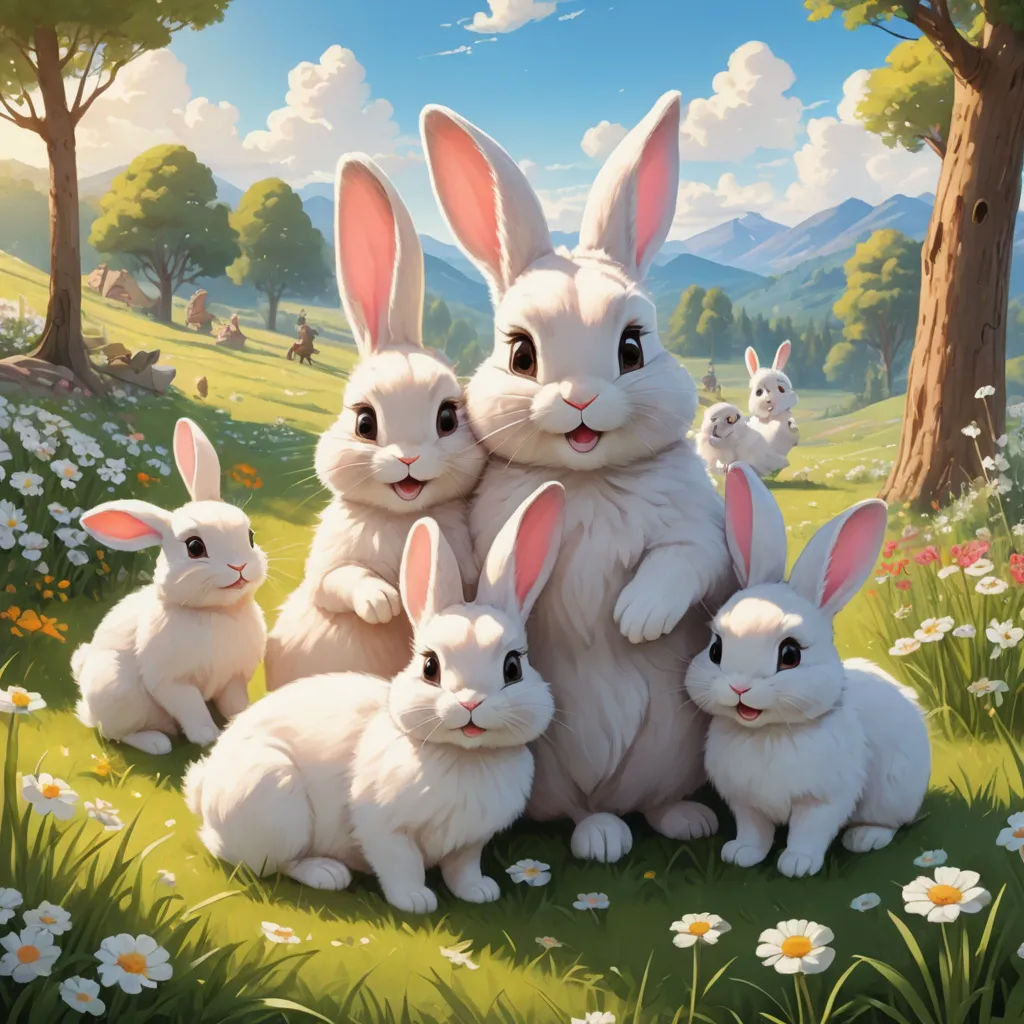 a group of rabbits sitting in a field of grass and flowers with a sky background and trees and flowers, furry art, an oil painting, Chris LaBrooy, rossdraws global illumination