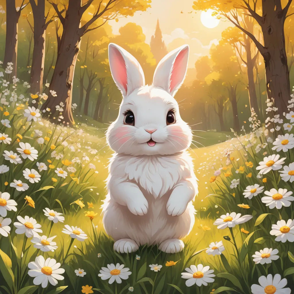 a white rabbit sitting in a field of daisies and trees with a castle in the background, with the sun shining through the trees, fantasy art, a storybook illustration, Chris LaBrooy, rossdraws global illumination
