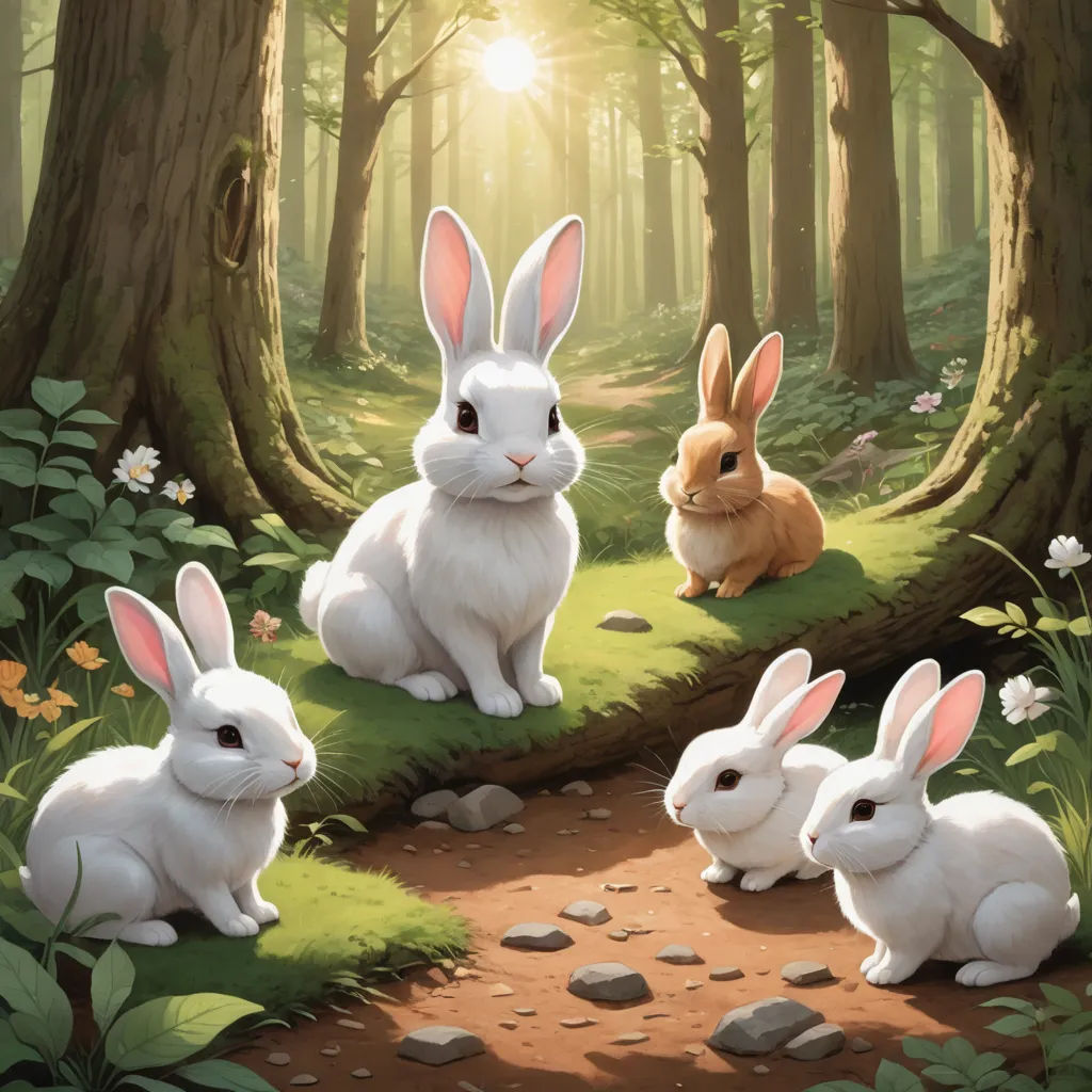 a painting of rabbits sitting in the woods with a path leading to them and a forest with trees and flowers, furry art, a storybook illustration, Chris LaBrooy, rossdraws global illumination
