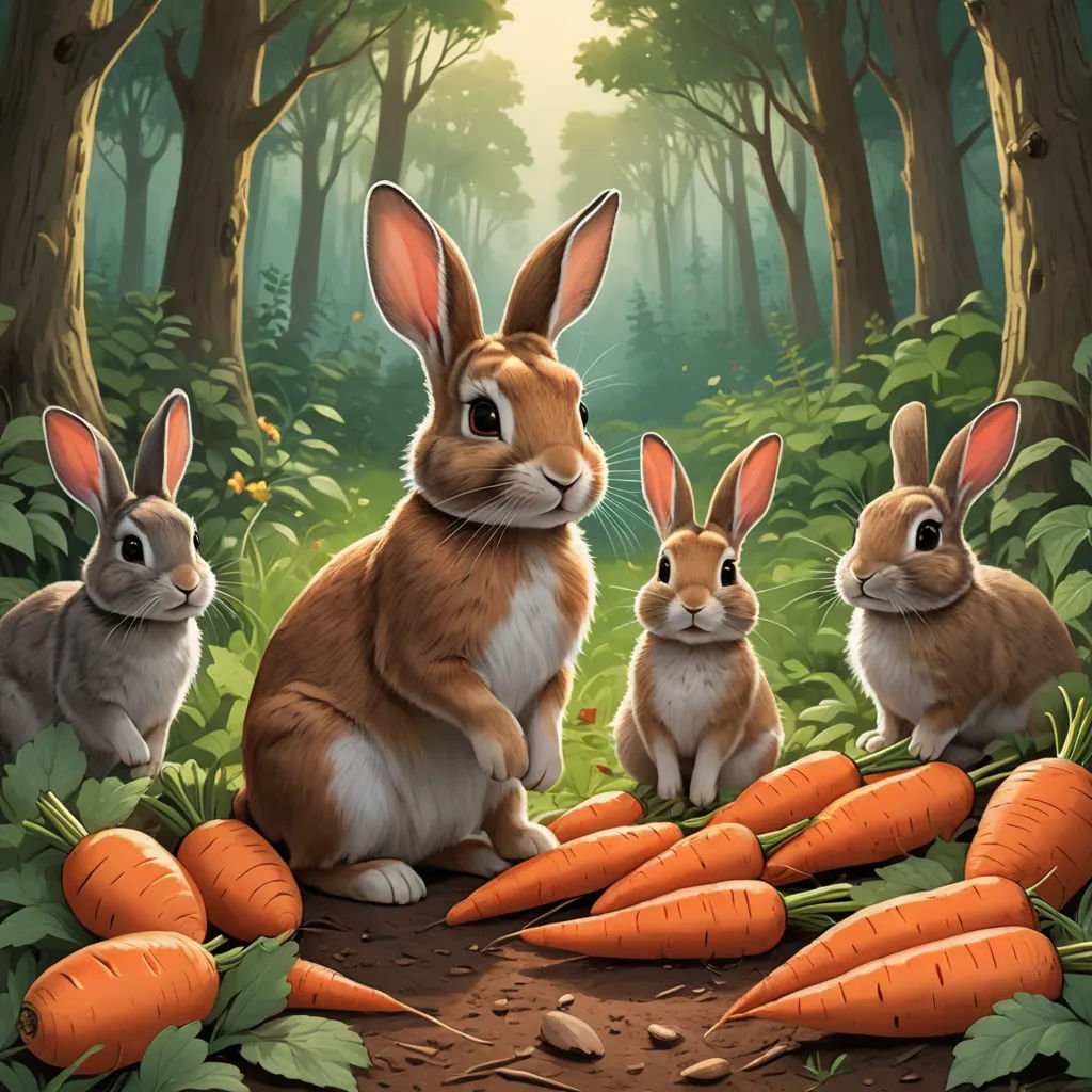 a group of rabbits sitting in the middle of a forest with carrots on the ground and trees in the background, furry art, a detailed painting, Chris LaBrooy, official art