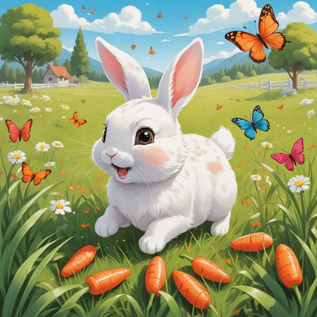 a white rabbit sitting in a field of carrots with a butterfly flying above it and a house in the background, furry art, a detailed painting, Chris LaBrooy, official art