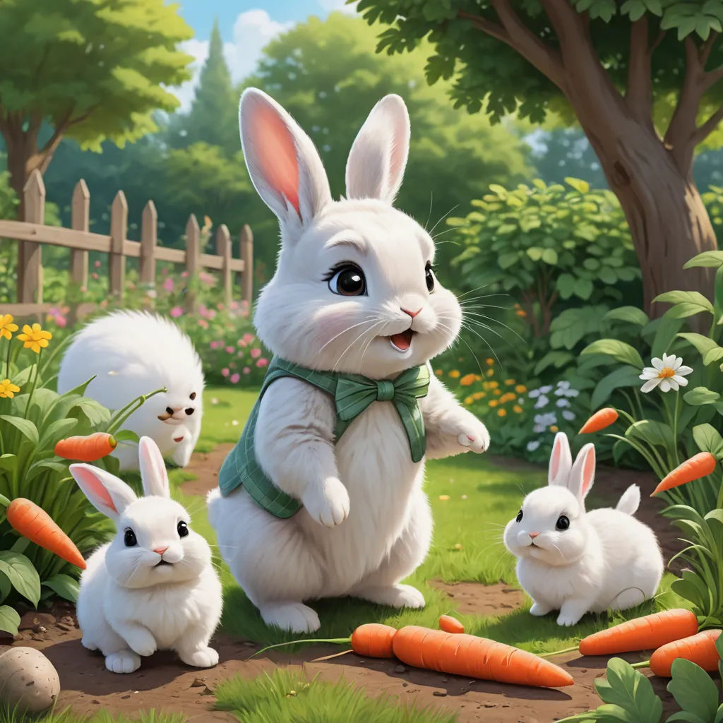 a painting of a rabbit with four rabbits in a garden with carrots and flowers, and a fence, furry art, a detailed painting, Chris LaBrooy, official art