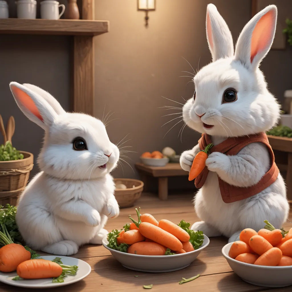 two white rabbits sitting next to a bowl of carrots and a bowl of carrots on a table, furry art, a 3D render, Chris LaBrooy, rossdraws global illumination