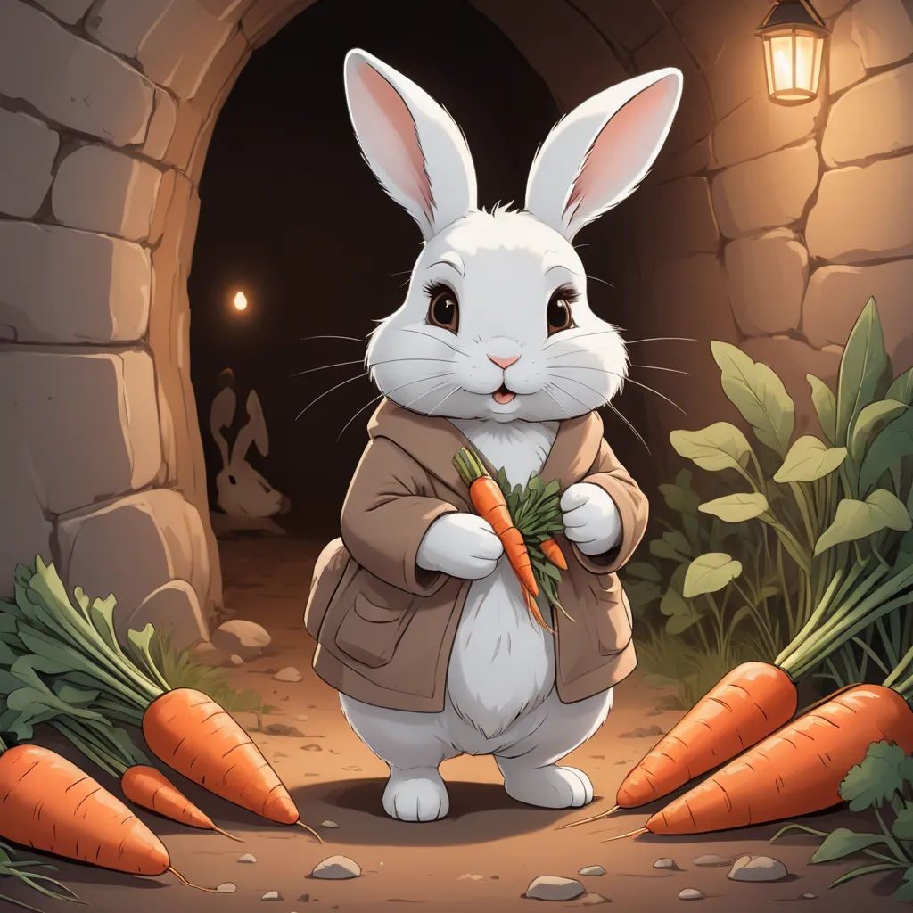 a rabbit holding a carrot in a tunnel with a light on it's side and a lantern above it, furry art, a storybook illustration, Beatrix Potter, trending on art station