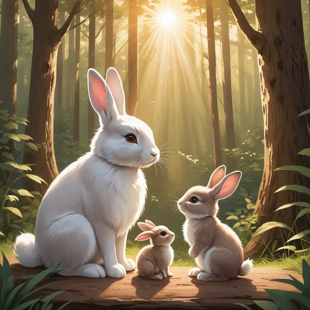 a painting of a rabbit and its baby in the woods with the sun shining through the trees behind them, furry art, a storybook illustration, Cynthia Sheppard, rossdraws global illumination
