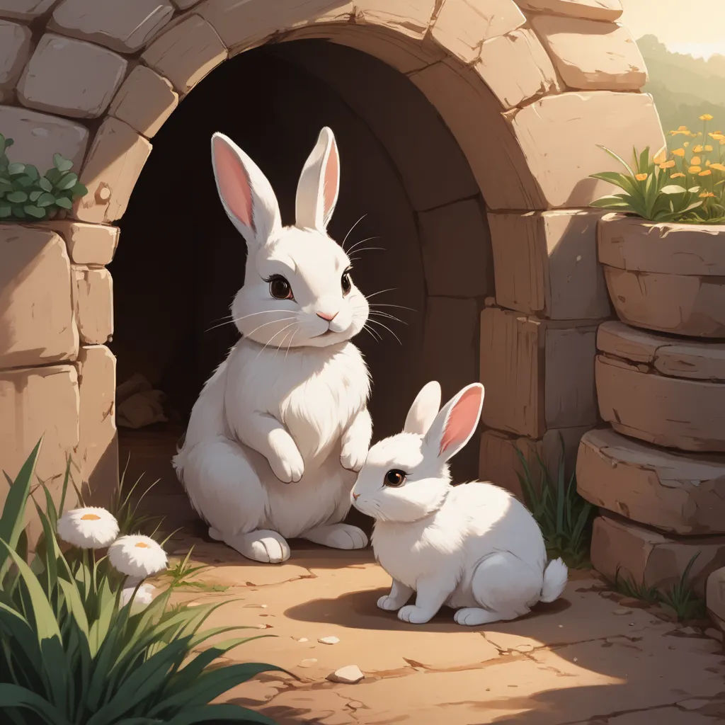 a couple of white rabbits sitting in front of a stone tunnel with a brick entrance and a stone wall, fantasy art, a storybook illustration, Andreas Rocha, rossdraws global illumination