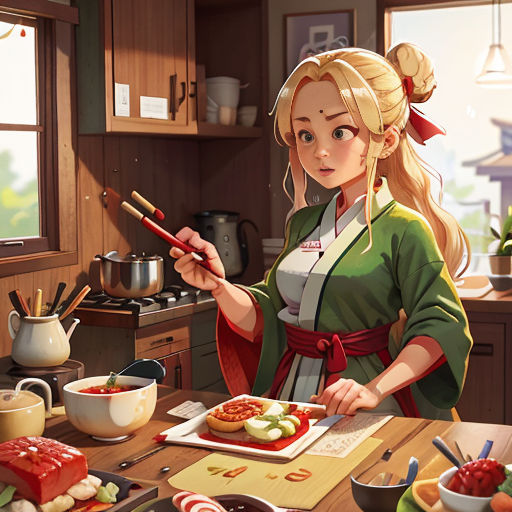 a woman in a green dress is making food in a kitchen with chopsticks and a bowl of vegetables