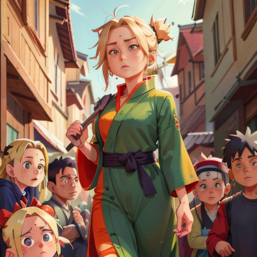 a woman in a kimono walking down a street with a group of children behind her and a man standing behind her