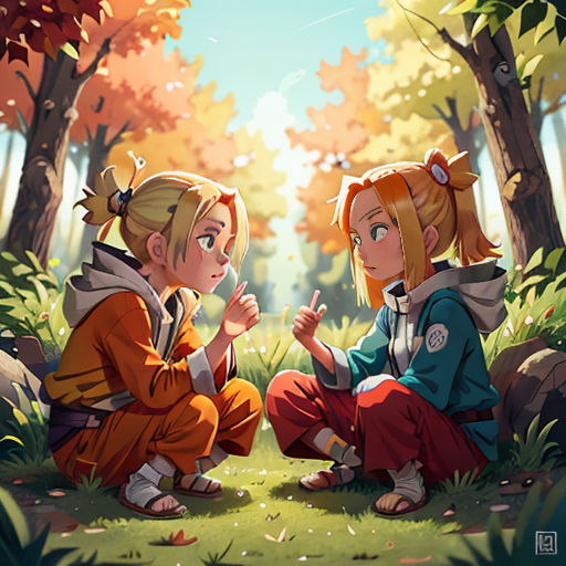 two young girls sitting on the ground in the woods talking to each other, with trees in the background