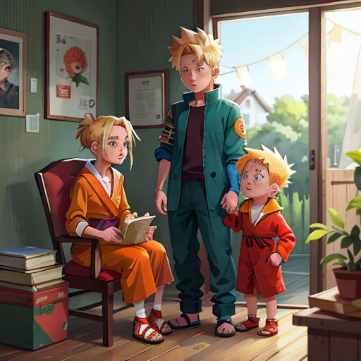 a man and two children standing in a room with a window and a picture of a boy and girl
