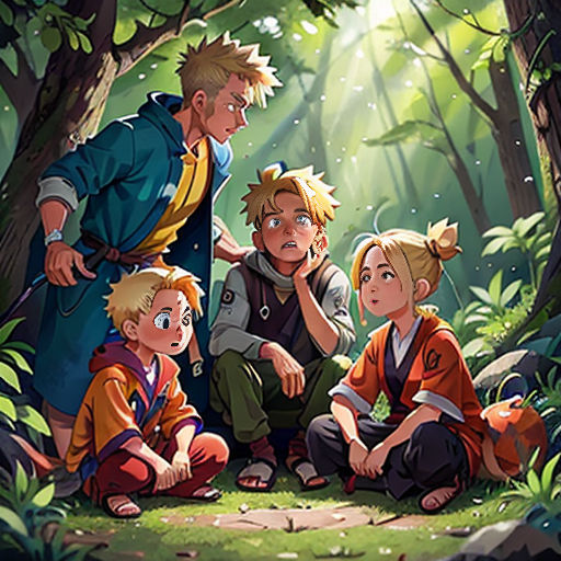 a group of people sitting in the middle of a forest with trees and plants around them, with a man standing in the middle of the picture