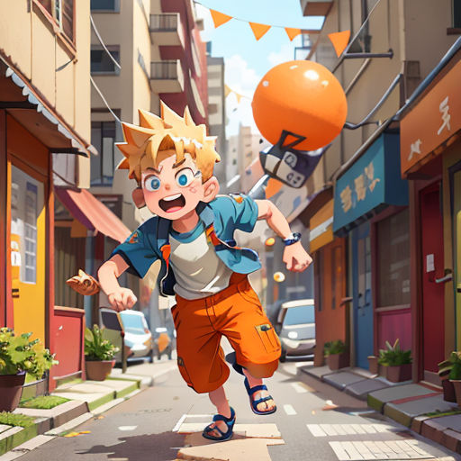 a cartoon boy running down a street with a ball in his hand and a balloon in the air above him