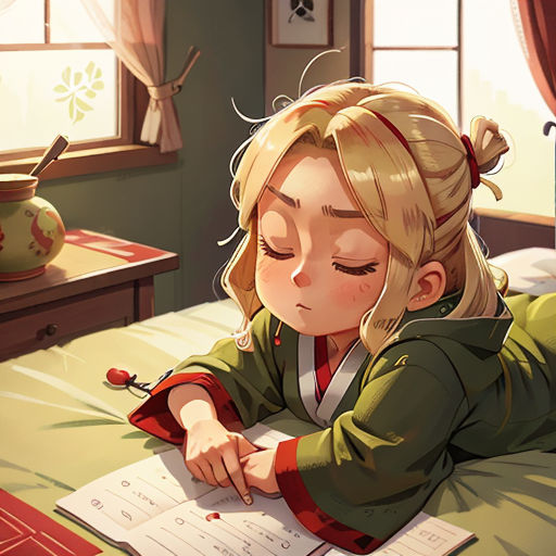 a girl is sitting on a bed writing in a book and looking at a paper with a pen in her hand
