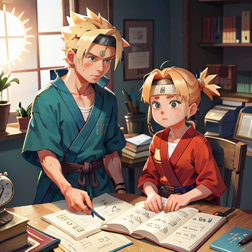 a man and a woman sitting at a table with books and a clock in the background, and a child standing next to them