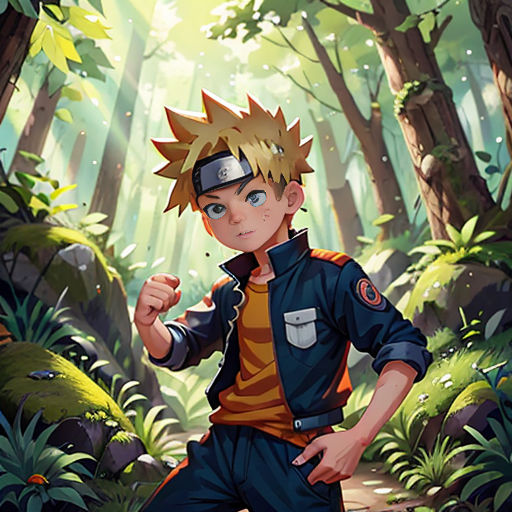 a young boy in a forest with trees and plants around him, wearing a blue jacket and a yellow shirt