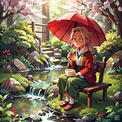 a woman sitting on a bench holding an umbrella over her head while holding a cup of coffee in front of a stream