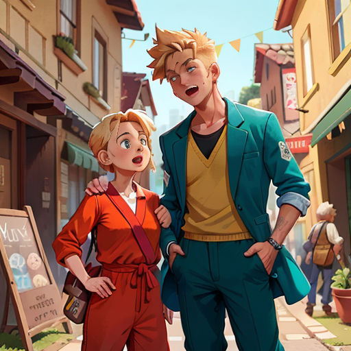 a man and woman standing next to each other on a street corner with a sign in front of them