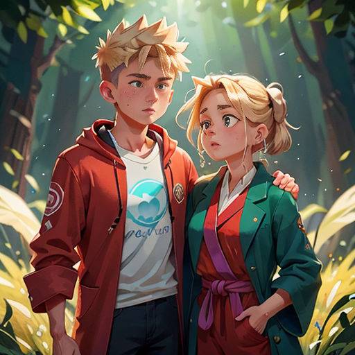 a couple of people standing in a forest with trees and plants behind them, with the sun shining through the trees