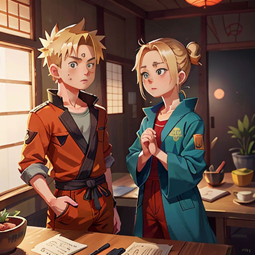 two people standing next to each other in a room with a bowl of food on the table and a bowl of sushi on the table