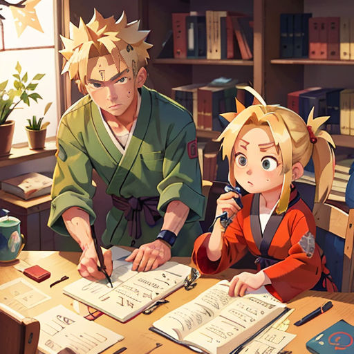 a man and a woman sitting at a table with papers and pens in front of them, and a man in a kimono