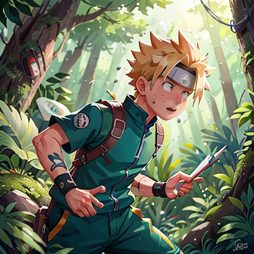 a young man in a forest with a sword in his hand and a forest background with trees and bushes