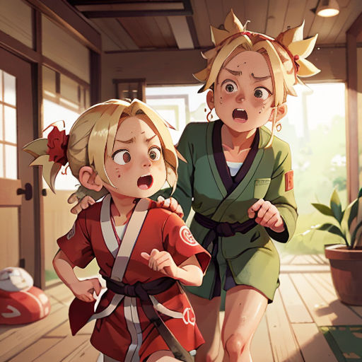 two women in kimonos are running towards a potted plant in a room with a wooden floor