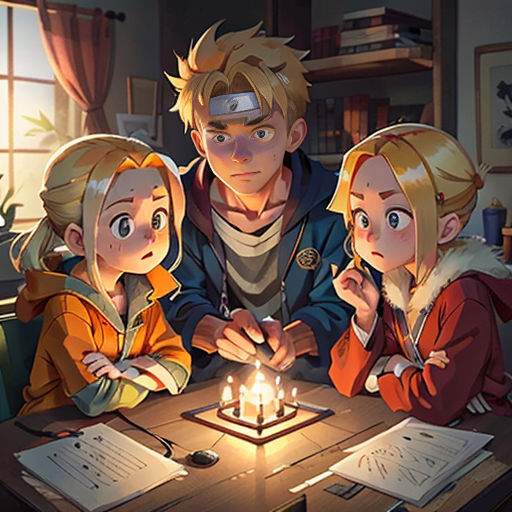 a family sitting around a table with a cake on it and a candle in the middle of the table