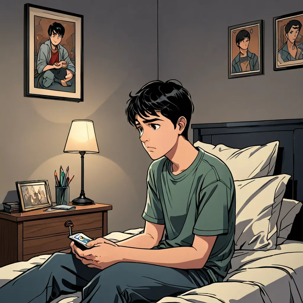 a man sitting on a bed holding a cell phone in his hand and looking at a picture on the wall, Asaf Hanuka, sots art, a comic book panel, graphic novel