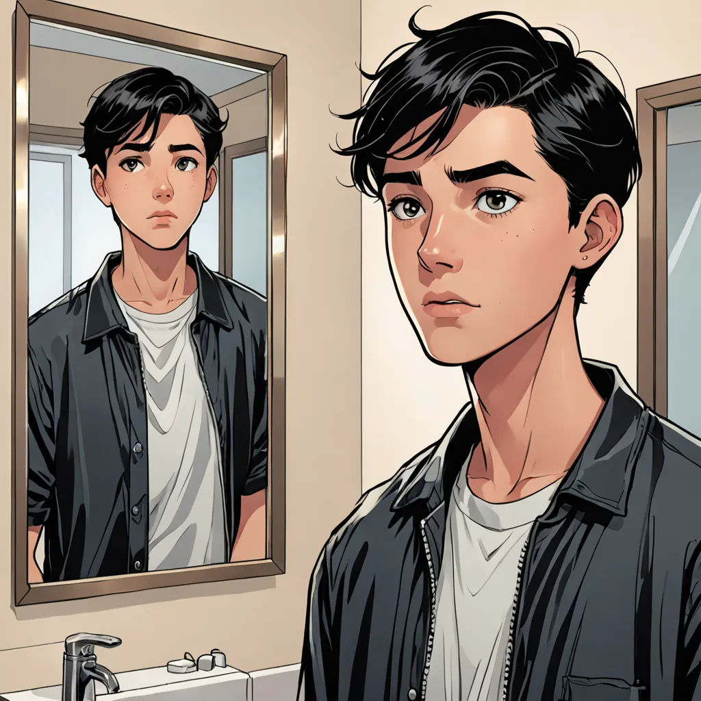 a man is looking at himself in the mirror in the bathroom, and he is looking at himself in the mirror, Everett Warner, hyperrealism, a comic book panel, official art