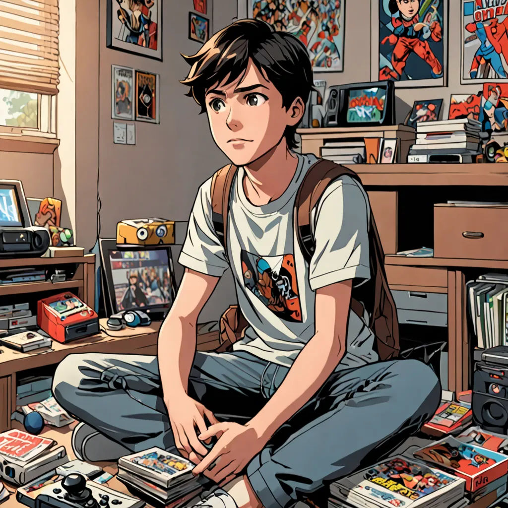 a boy sitting on the floor with a bunch of books and a video game console in front of him, Artgerm, photorealism, a comic book panel, yukito kishiro