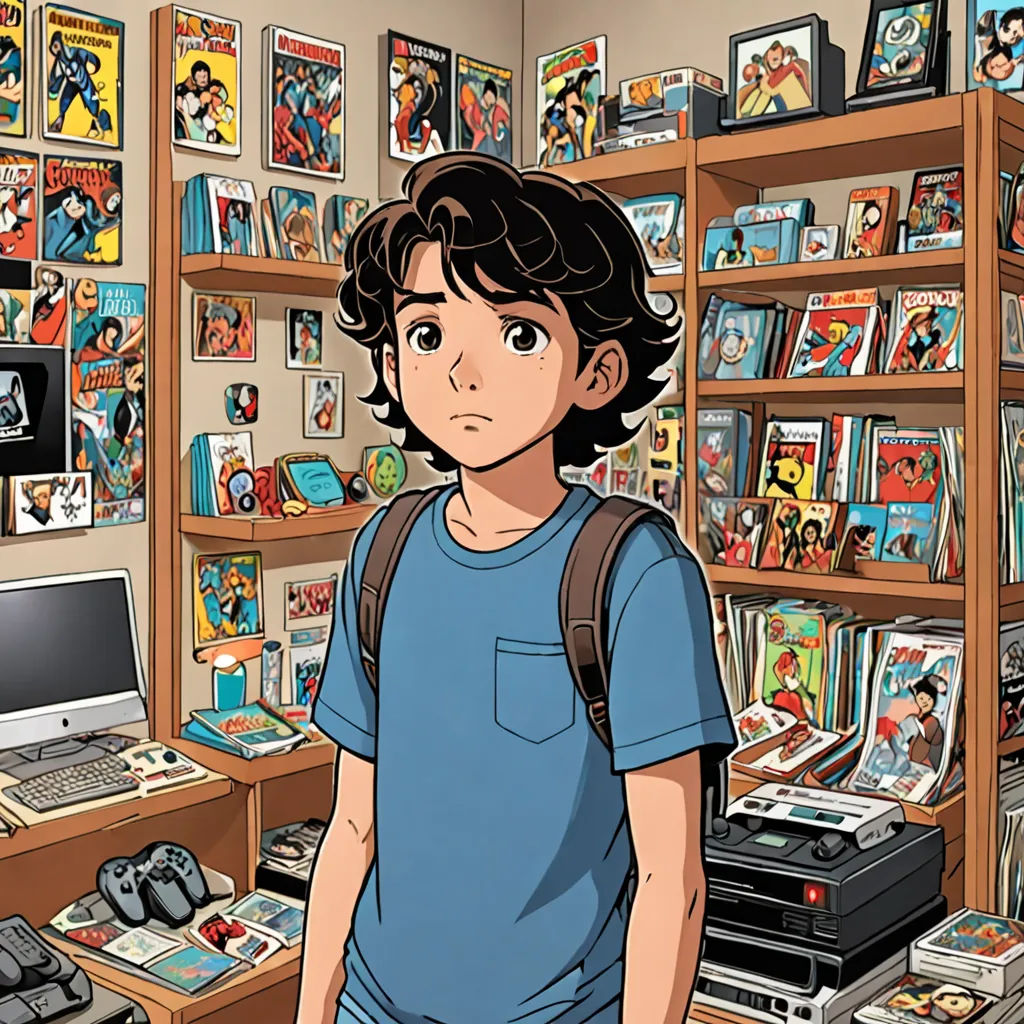 a boy standing in front of a computer in a room filled with comic books and comics on the walls, Asaf Hanuka, ukiyo-e, a comic book panel, yukito kishiro