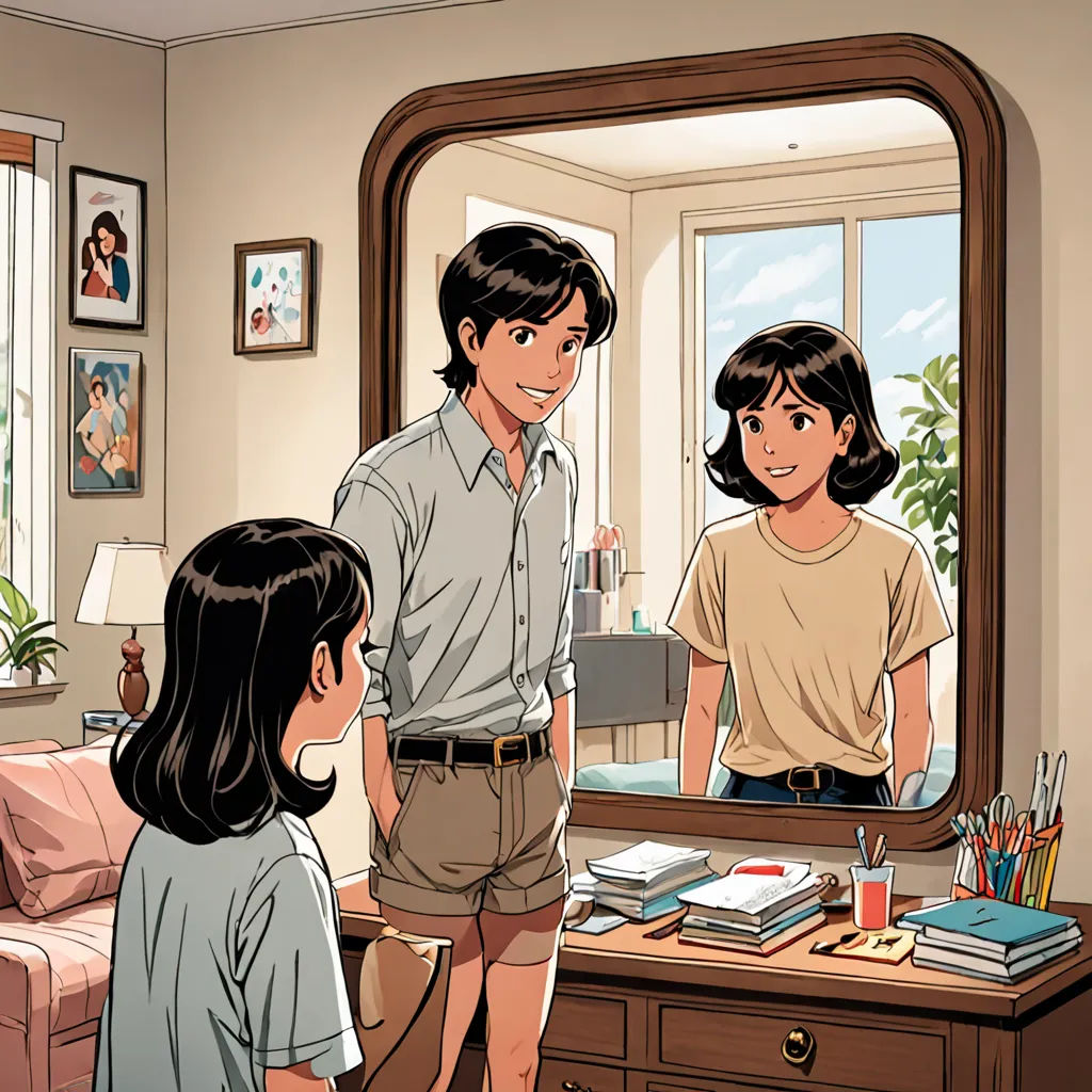 a man and a woman standing in front of a mirror in a living room with a desk and a couch, Cliff Childs, private press, a comic book panel, yukito kishiro