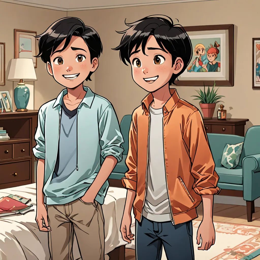 two young men standing in a living room next to a bed and a table with a tray of food, Adam Manyoki, remodernism, a comic book panel, official art