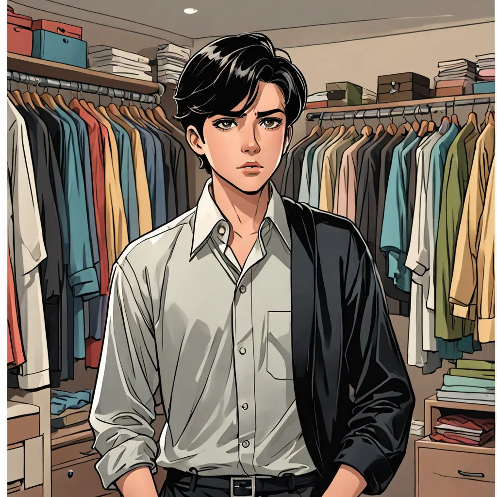 a man standing in front of a closet filled with clothes and a suit case with a tie on it, David Park, remodernism, a comic book panel, handsome
