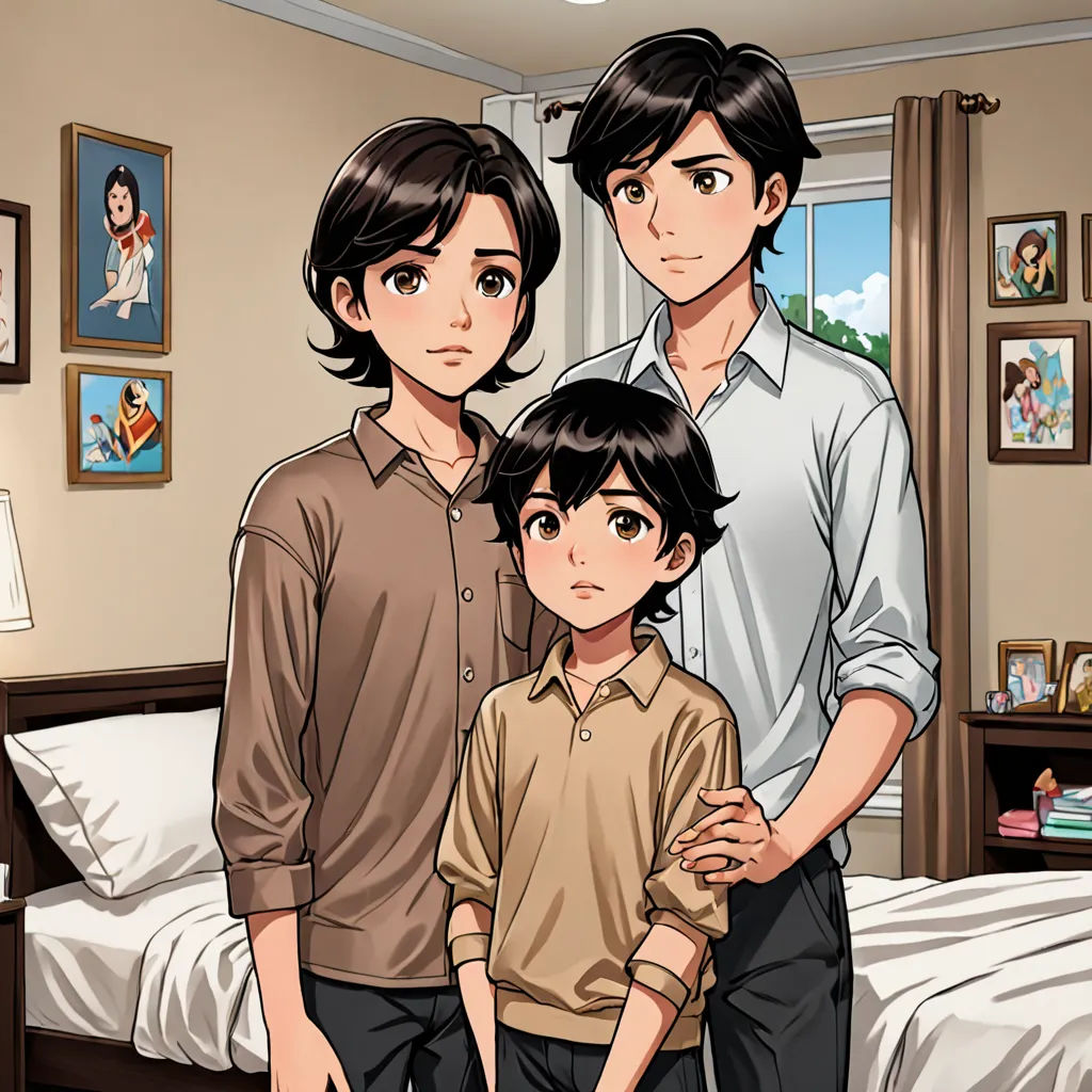 a family standing in a bedroom with a bed in the background and a picture of a woman, man and child on the wall, Adam Manyoki, lyco art, concept art, official art