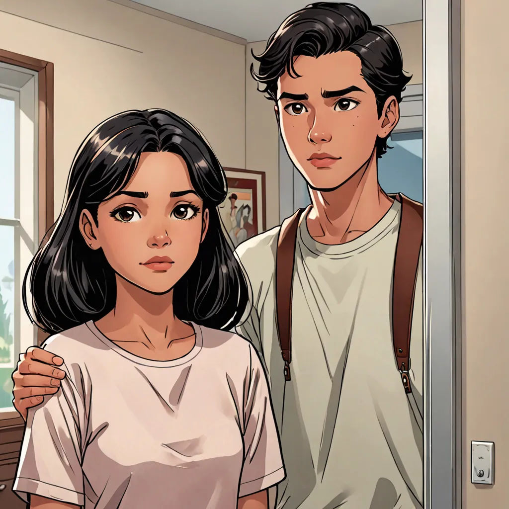 a man and a woman standing in a room with a door open and a window behind them, with a cartoon of a man and woman looking at the camera, Artgerm, sots art, a comic book panel, comic cover art