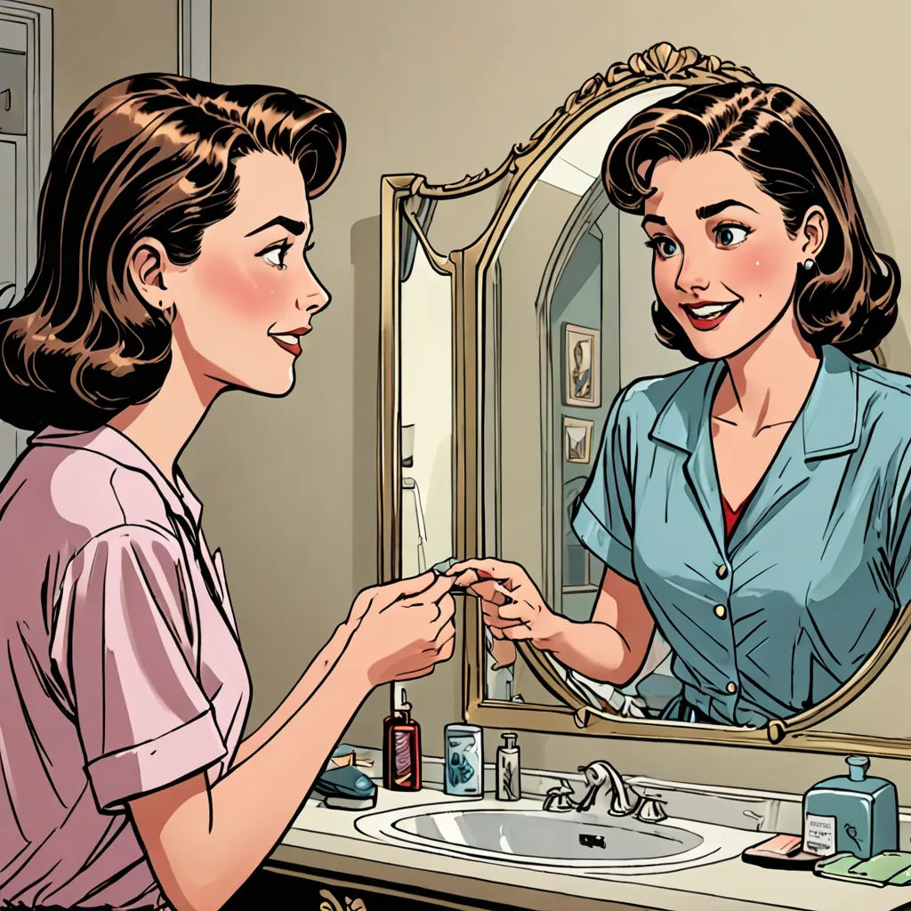 a woman is looking at her reflection in the mirror while brushing her teeth in the bathroom sink with a mirror, Eileen Aldridge, remodernism, a comic book panel, comic cover art