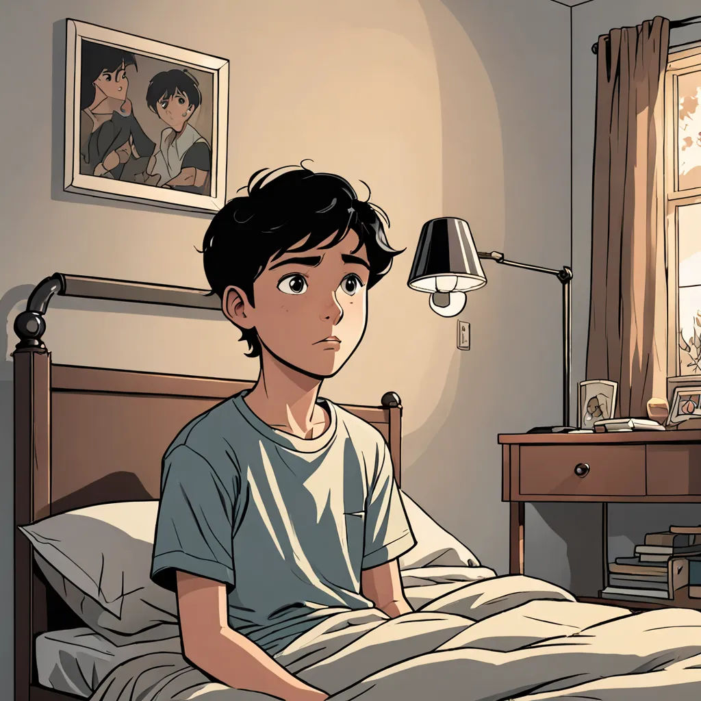a boy sitting in bed in a bedroom with a lamp on the side of the bed and a picture on the wall, Asaf Hanuka, dau-al-set, a comic book panel, graphic novel