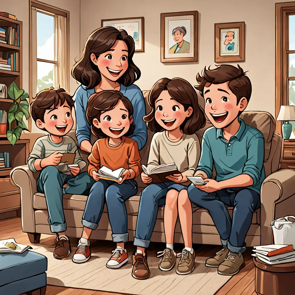 a family sitting on a couch in a living room with a book open in front of them and a book in front of them, lyco art, a storybook illustration, Diego Gisbert Llorens, official art