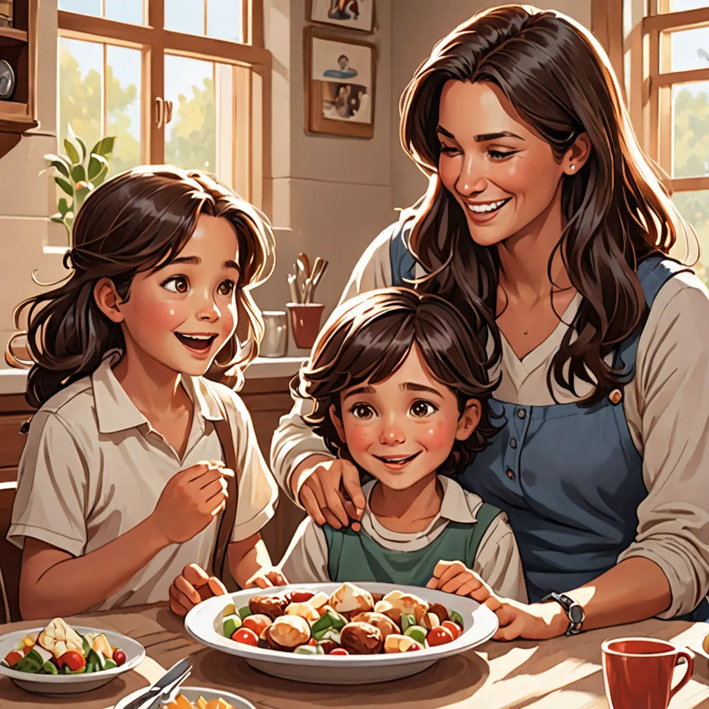 a woman and two children are eating a meal together at a table with plates of food on it and a bowl of vegetables, american realism, a storybook illustration, Alejandro Burdisio, stanley artgerm lau