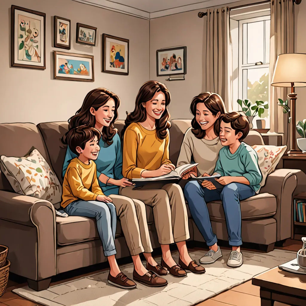a family sitting on a couch in a living room together, reading a book together, with a dog sitting on the couch, american scene painting, a storybook illustration, Colin Middleton, official art