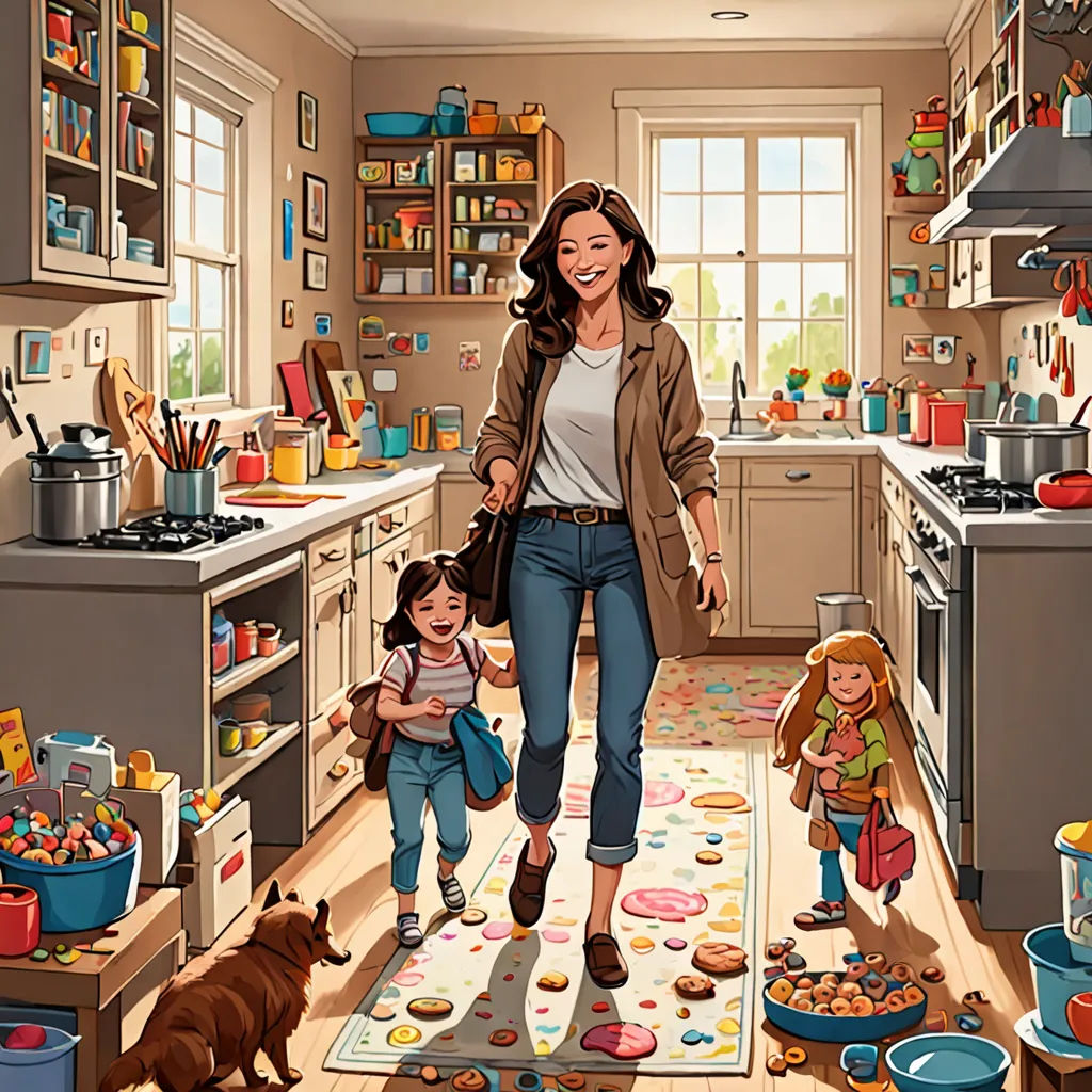 a woman and two children are in a kitchen with a rug on the floor and a dog is on the floor, american scene painting, a storybook illustration, Chen Hong, highly detailed digital painting