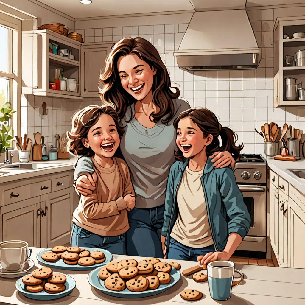 a woman and two children standing in front of a table of cookies and cookies on a plate with a cup of coffee, photorealism, a storybook illustration, Dorothy Coke, high detail illustration