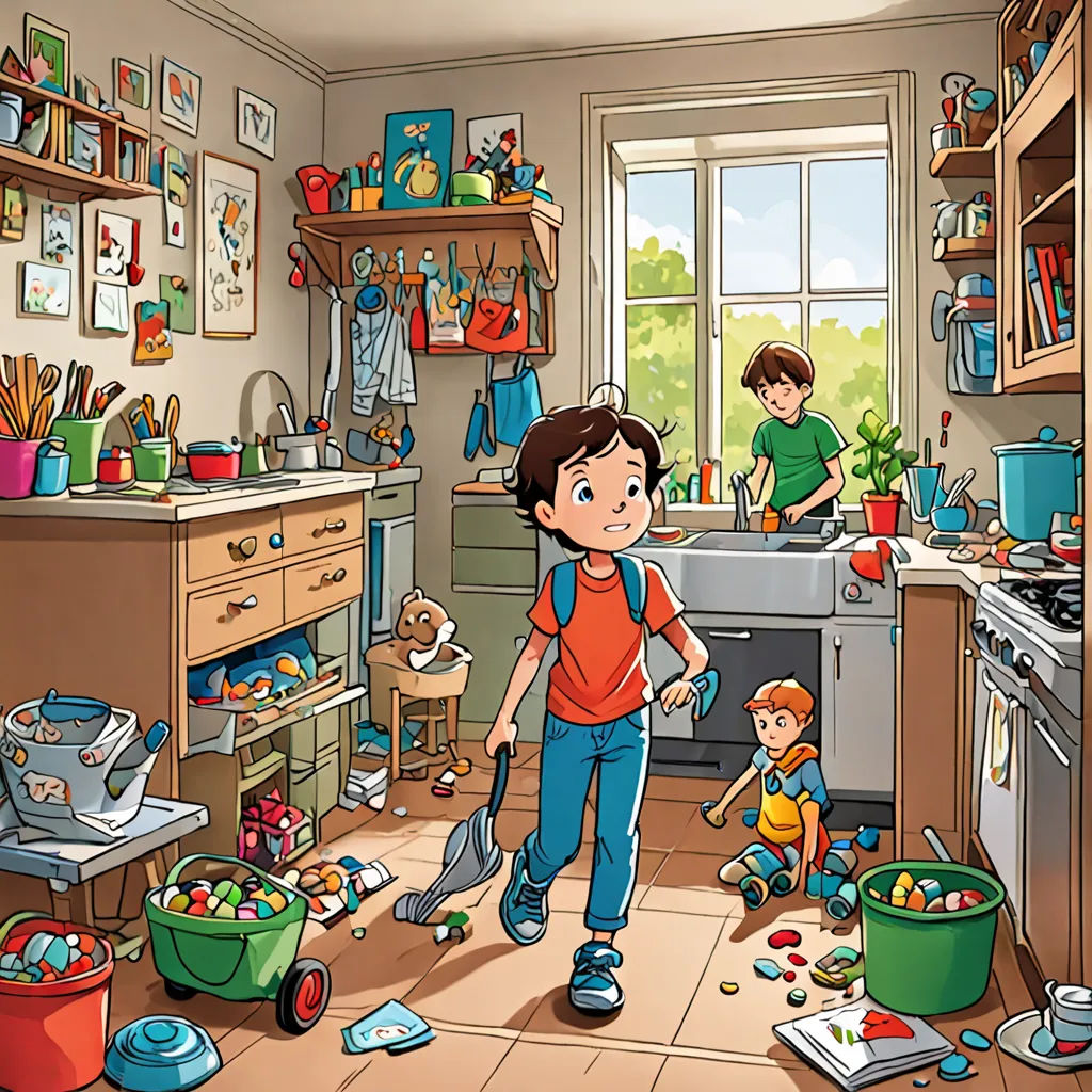 a boy is cleaning the kitchen with a vacuum and a mop in his hand and a girl is standing in the kitchen, lyco art, a storybook illustration, Diego Gisbert Llorens, detailed illustration