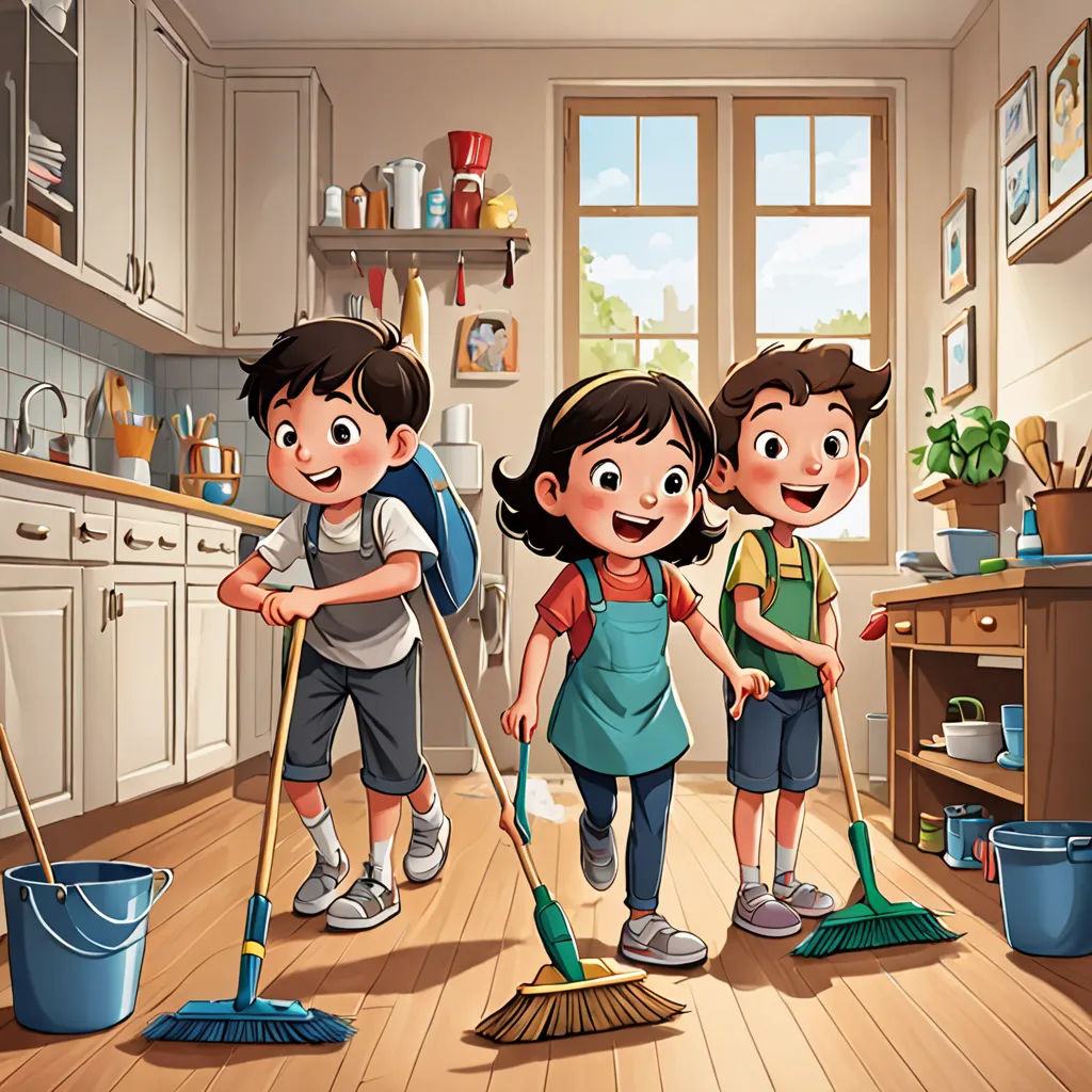 a group of children cleaning the floor in a kitchen with a broom and mop in hand and a bucket on the floor, lyco art, a storybook illustration, Diego Gisbert Llorens, detailed illustration