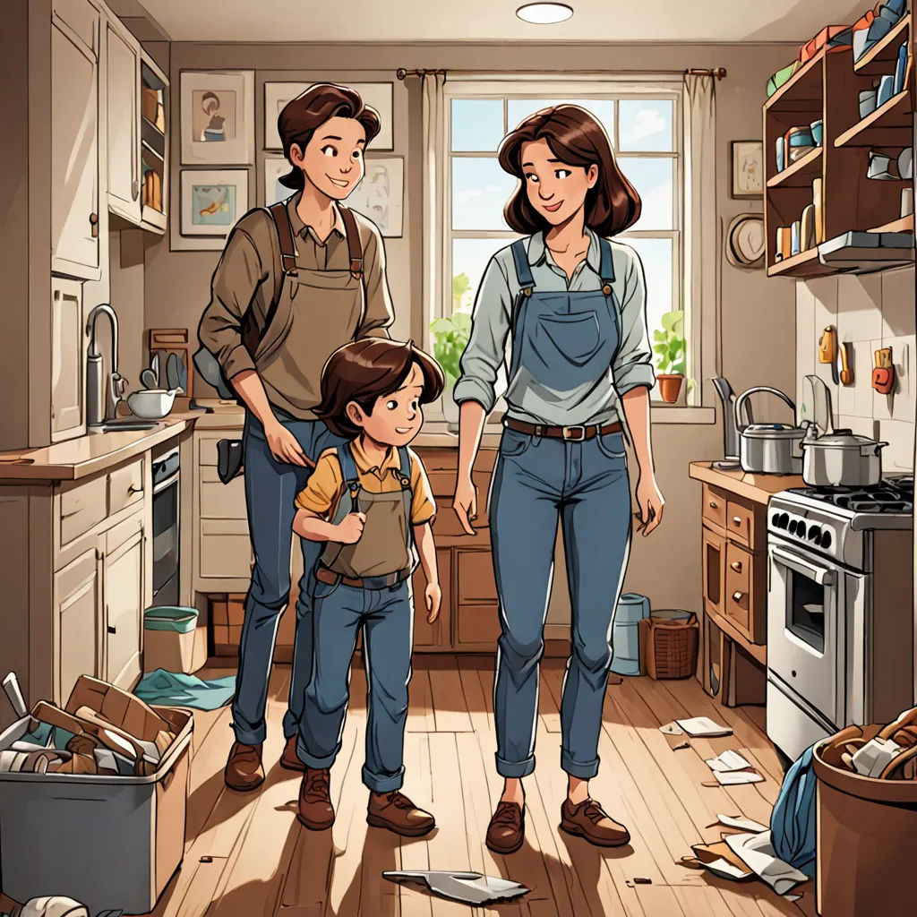 a family standing in a kitchen with a child on the floor and a man standing next to them with a child on his lap, american scene painting, a storybook illustration, Florence Engelbach, official art